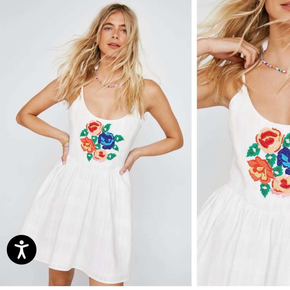 Nasty Gal White Mini Dress with Floral Embroidery